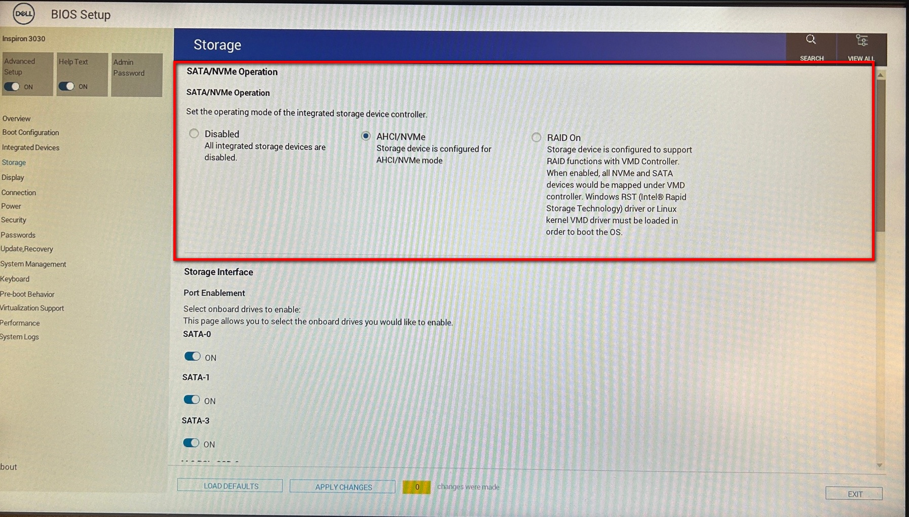 Dell Inspiron 3030 bios storage configuration AHCI mode