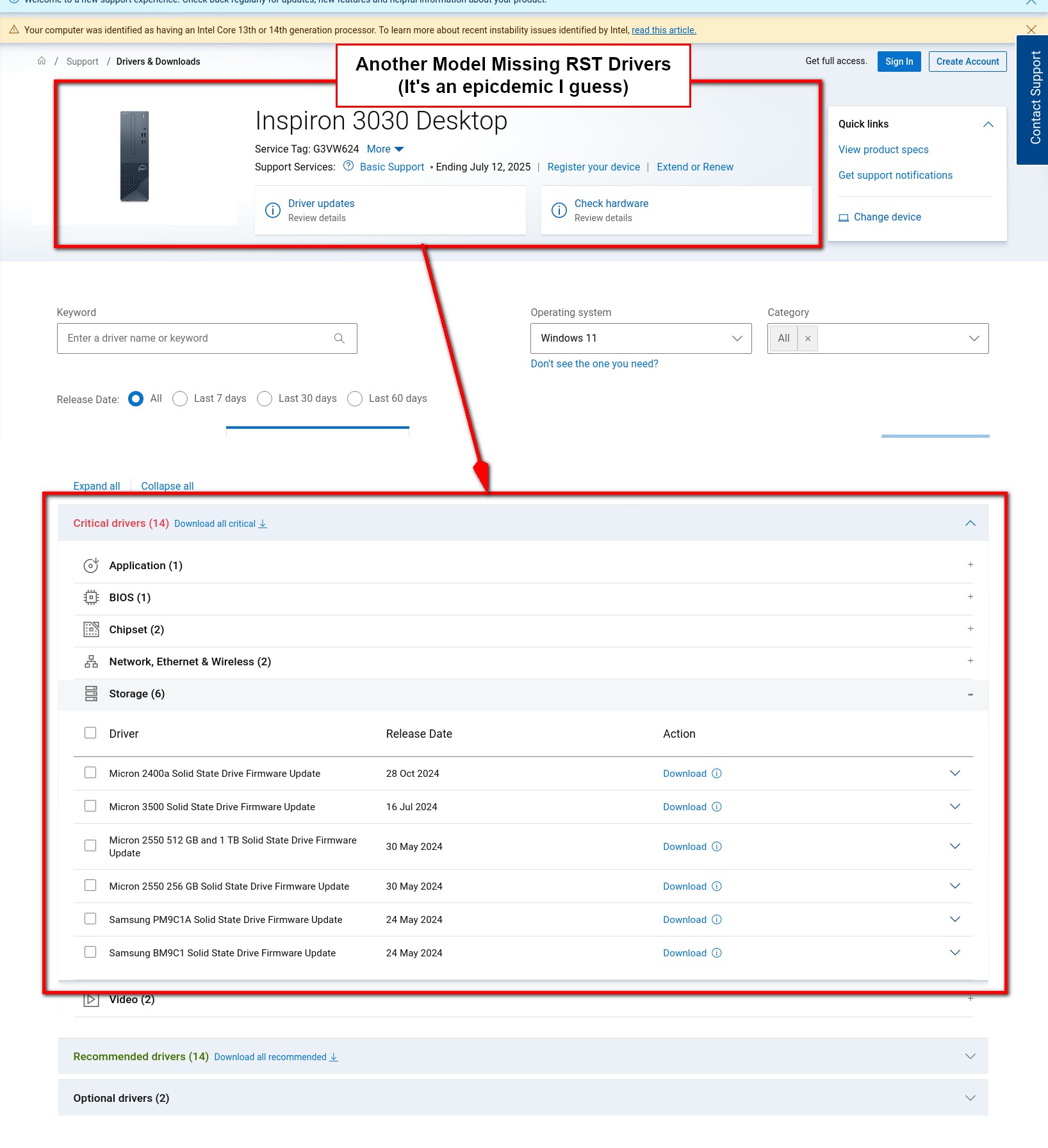 Dell.com Support Storage Driver Listings Lack RST Differnt Model