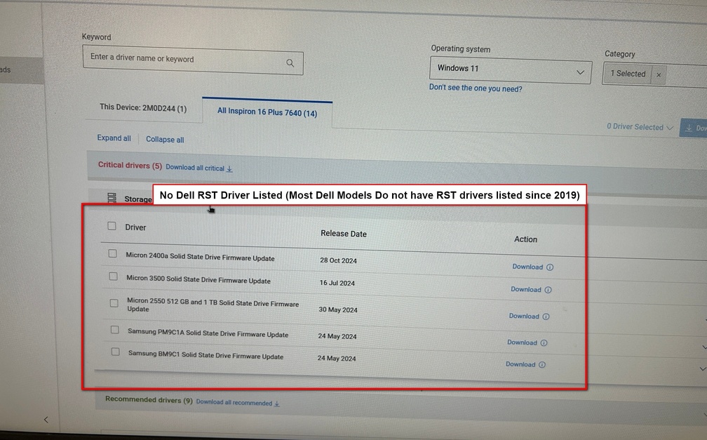 Dell.com Support Storage Driver Listings Lack RST