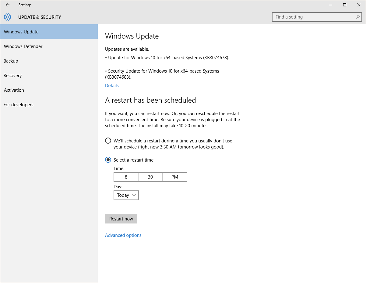 Settings: Update &amp; Security Screenshot: Windows Update Screenshot 
